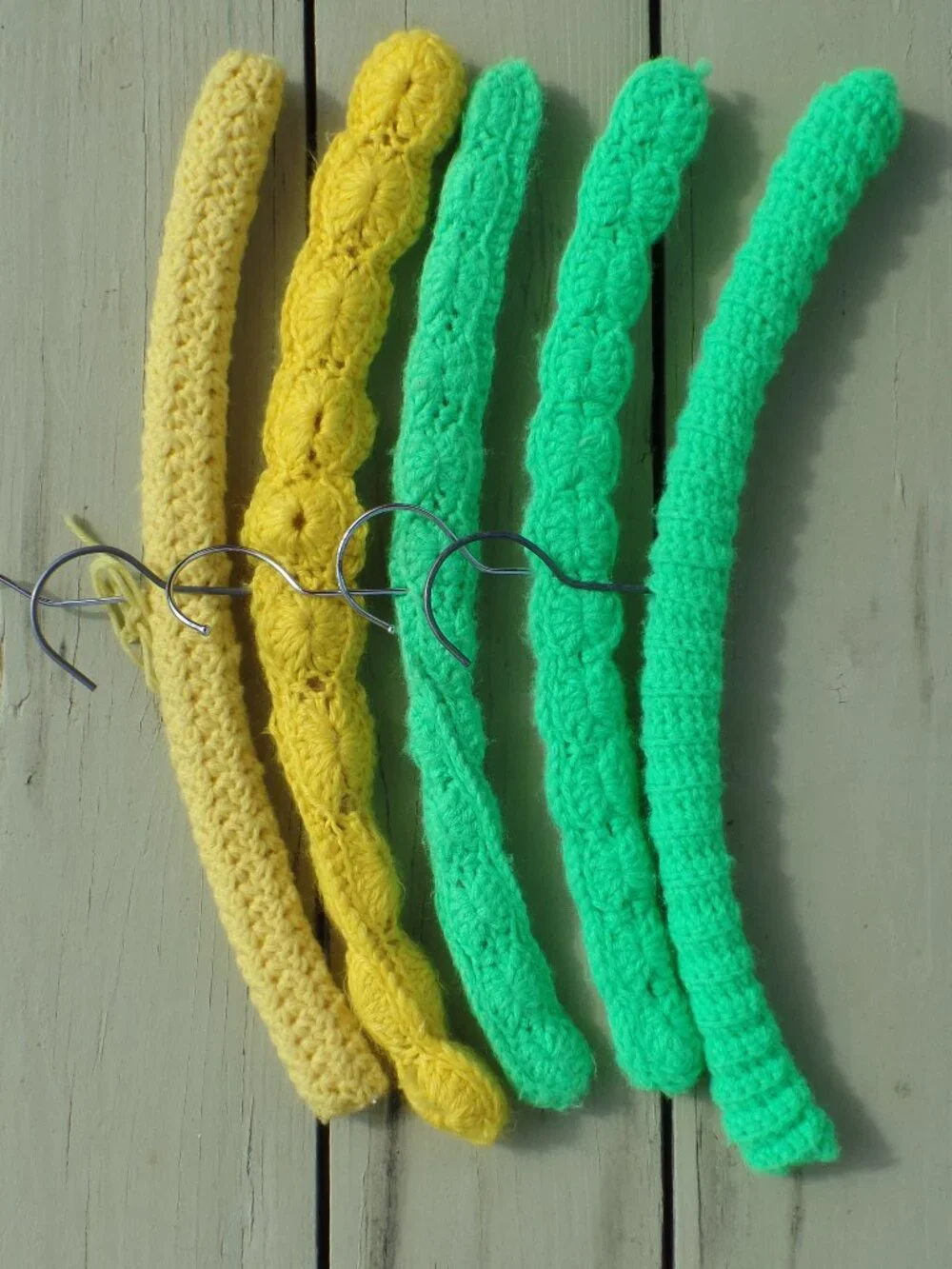 Vintage Hand Crocheted Hangers SET of 5 GREEN/YELLOW